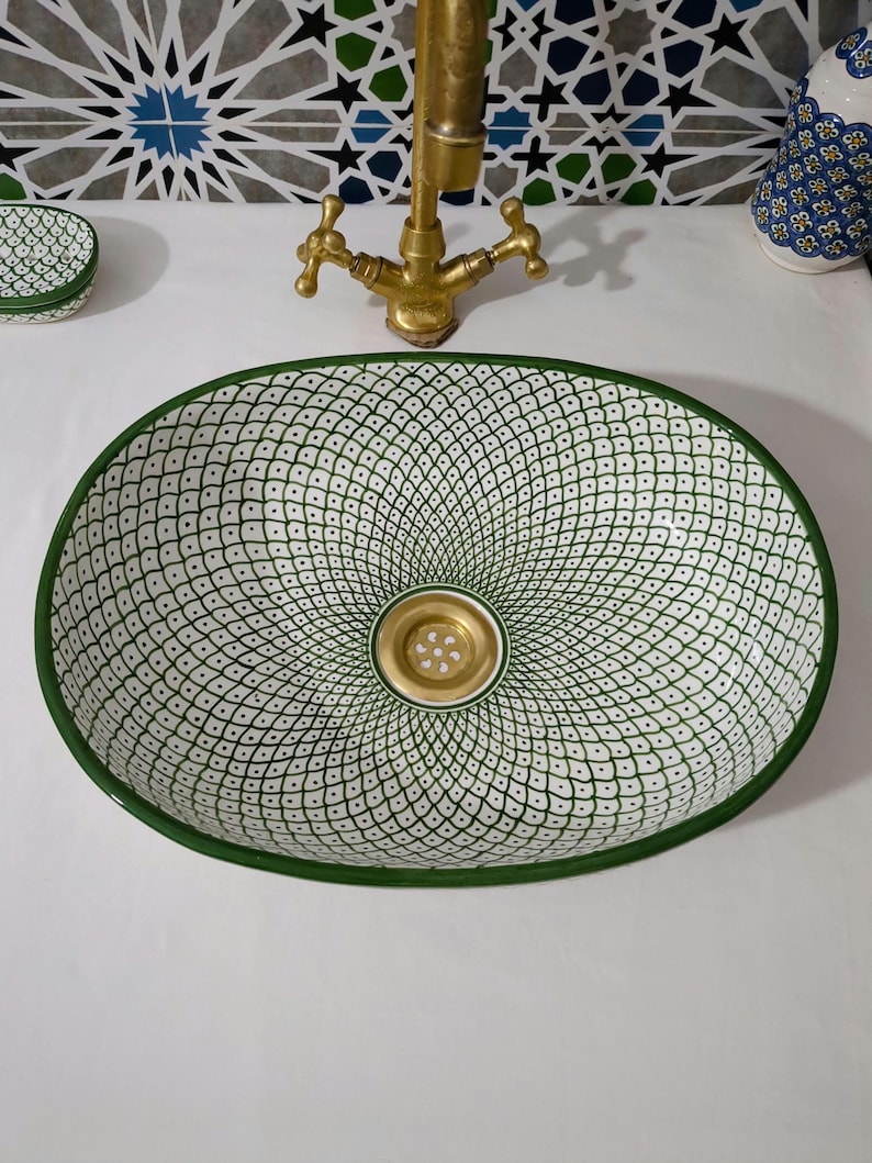 Moroccan Ceramic Basin Sink-Artisan Handcrafted Moroccan Pattern-Green Oval Ceramic Basin Sink-Artisan Design-Handcrafted Bathroom Decor image 4