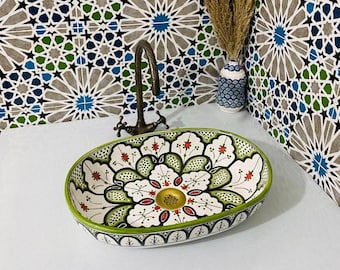Moroccan Sink Set-Sink oval-Unique Bathroom Decor-Vanity Wash Basin-Hand Painted Moroccan Ceramic Basin Set-Artisan Bathroom Vanity Vessel