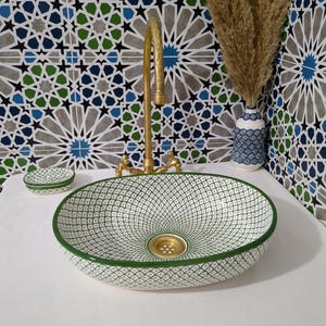 Moroccan Ceramic Basin Sink-Artisan Handcrafted Moroccan Pattern-Green Oval Ceramic Basin Sink-Artisan Design-Handcrafted Bathroom Decor