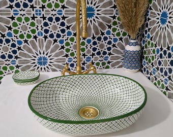 Moroccan Ceramic Basin Sink-Artisan Handcrafted Moroccan Pattern-Green Oval Ceramic Basin Sink-Artisan Design-Handcrafted Bathroom Decor