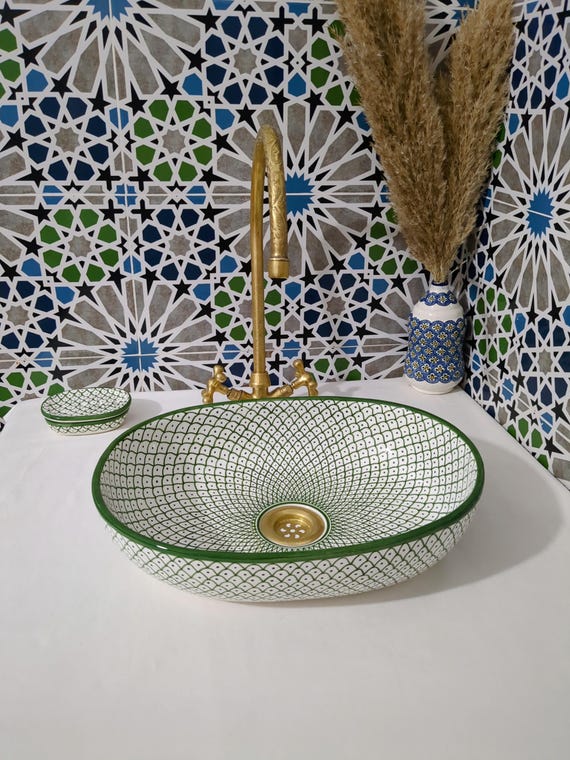 Moroccan Ceramic Basin Sink-Artisan Handcrafted Moroccan Pattern-Green Oval Ceramic Basin Sink-Artisan Design-Handcrafted Bathroom Decor