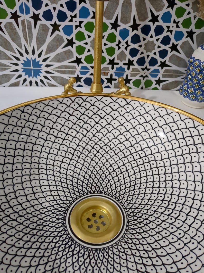 Lavabo in ceramica marocchina - Lavabo da bagno - Lavabo in ceramica con bordo in rame - Lavandino in ceramica - Lavandino da bagno dipinto a mano - Lavandino in ceramica artigianale immagine 12