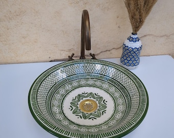Lavabo de cerámica marroquí - Lavabo redondo - Lavabo de cerámica pintado a mano - Lavabo de vasija con estampado verde - Tocador de baño artesanal - Lavabo de cerámica artesanal