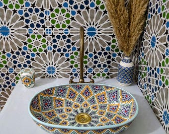 Handmade Moroccan Oval Ceramic Sink-Moroccan ceramic sink-Oval vessel sink-Moroccan Ceramic Basin Sink-Moroccan oval Ceramic Sink-Free Gift
