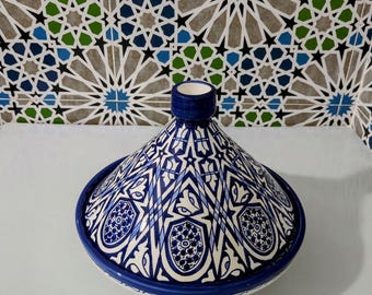 Moroccan Tagine - Ceramic Tagine - Blue White Pottery hand painted -boho decor-artisan pottery-fez pottery-Moroccan Decor-Free gift Included