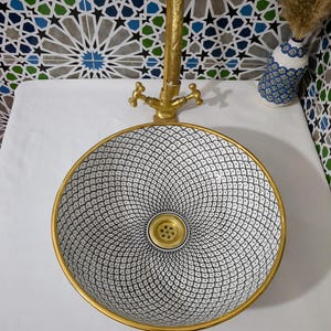 Lavabo in ceramica marocchina - Lavabo da bagno - Lavabo in ceramica con bordo in rame - Lavandino in ceramica - Lavandino da bagno dipinto a mano - Lavandino in ceramica artigianale immagine 7
