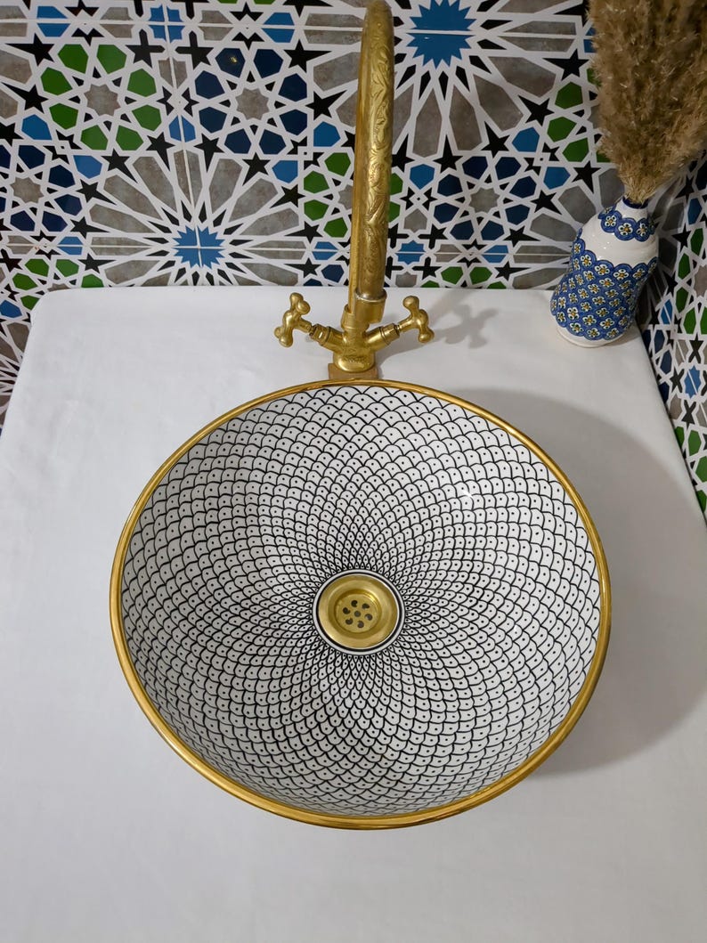 Lavabo in ceramica marocchina - Lavabo da bagno - Lavabo in ceramica con bordo in rame - Lavandino in ceramica - Lavandino da bagno dipinto a mano - Lavandino in ceramica artigianale immagine 7