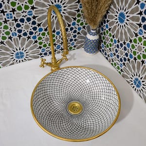 Lavabo in ceramica marocchina - Lavabo da bagno - Lavabo in ceramica con bordo in rame - Lavandino in ceramica - Lavandino da bagno dipinto a mano - Lavandino in ceramica artigianale immagine 14