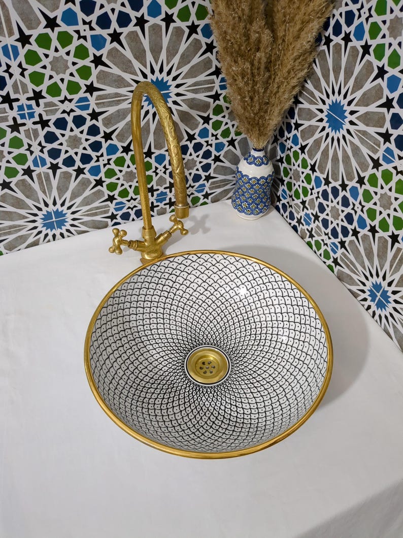 Lavabo in ceramica marocchina - Lavabo da bagno - Lavabo in ceramica con bordo in rame - Lavandino in ceramica - Lavandino da bagno dipinto a mano - Lavandino in ceramica artigianale immagine 14