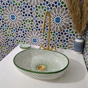 Moroccan Ceramic Basin Sink-Artisan Handcrafted Moroccan Pattern-Green Oval Ceramic Basin Sink-Artisan Design-Handcrafted Bathroom Decor image 17