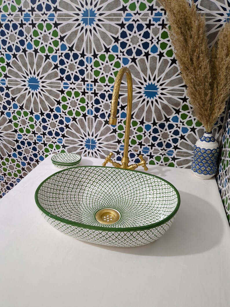 Moroccan Ceramic Basin Sink-Artisan Handcrafted Moroccan Pattern-Green Oval Ceramic Basin Sink-Artisan Design-Handcrafted Bathroom Decor image 17