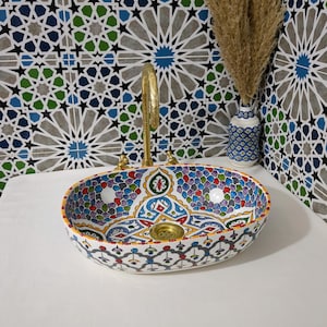 Handcrafted Bathroom Decor-Moroccan ceramic sink-Oval vessel sink-Moroccan Ceramic Basin Sink-Artisan Handcrafted Moroccan Pattern-Free gift