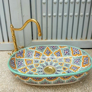 Oval Moroccan Ceramic Sink-Hand-Painted Multicolor Basin-Handcrafted Moroccan Ceramic Sink-Colorful Oval Basin-Moroccan Boho Style Basin