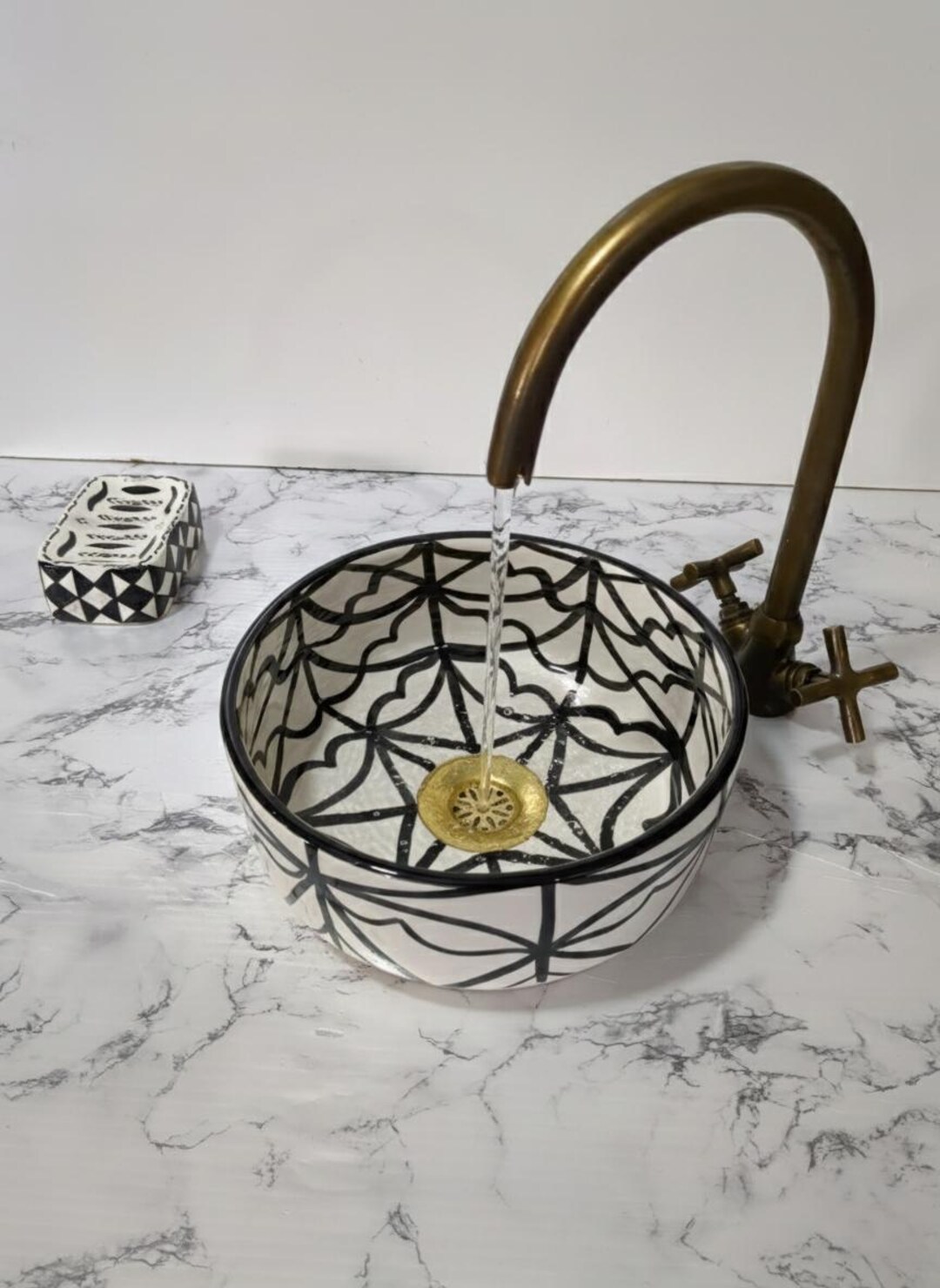Moroccan Ceramic Sink – Black and White Abstract Vessel Basin –handmade ...