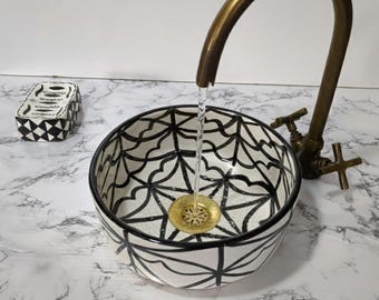 Moroccan Ceramic Sink – Black And White Abstract Vessel Basin –Handmade Moroccan Ceramic Sink–Artisan Bathroom Vessel–Handmade Moroccan Sink