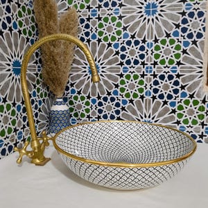 Lavabo in ceramica marocchina - Lavabo da bagno - Lavabo in ceramica con bordo in rame - Lavandino in ceramica - Lavandino da bagno dipinto a mano - Lavandino in ceramica artigianale immagine 18