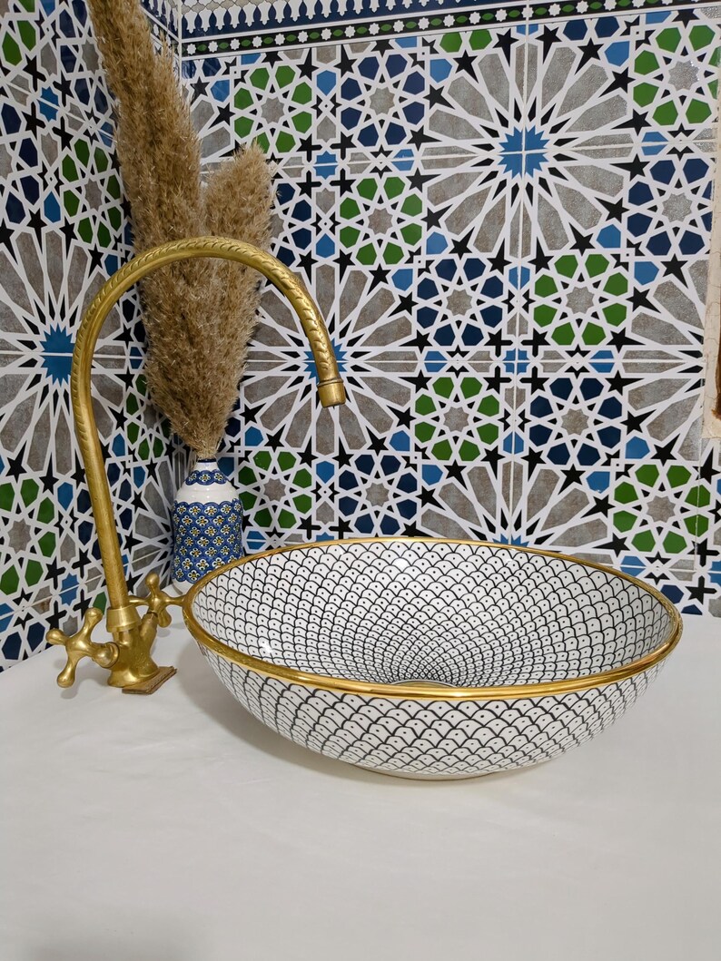 Lavabo in ceramica marocchina - Lavabo da bagno - Lavabo in ceramica con bordo in rame - Lavandino in ceramica - Lavandino da bagno dipinto a mano - Lavandino in ceramica artigianale immagine 18