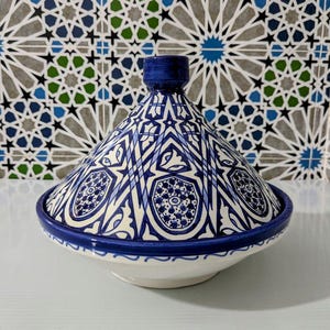 Moroccan Tagine-Ceramic tagine-Blue White Pottery hand painted-boho decor-artisan pottery-fez pottery-moroccan decor-Free gift Included