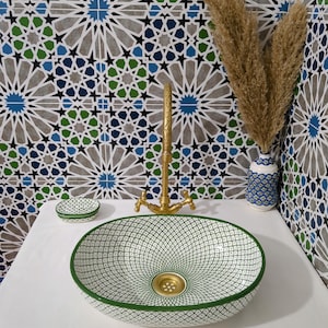 Moroccan Ceramic Basin Sink-Artisan Handcrafted Moroccan Pattern-Green Oval Ceramic Basin Sink-Artisan Design-Handcrafted Bathroom Decor image 2