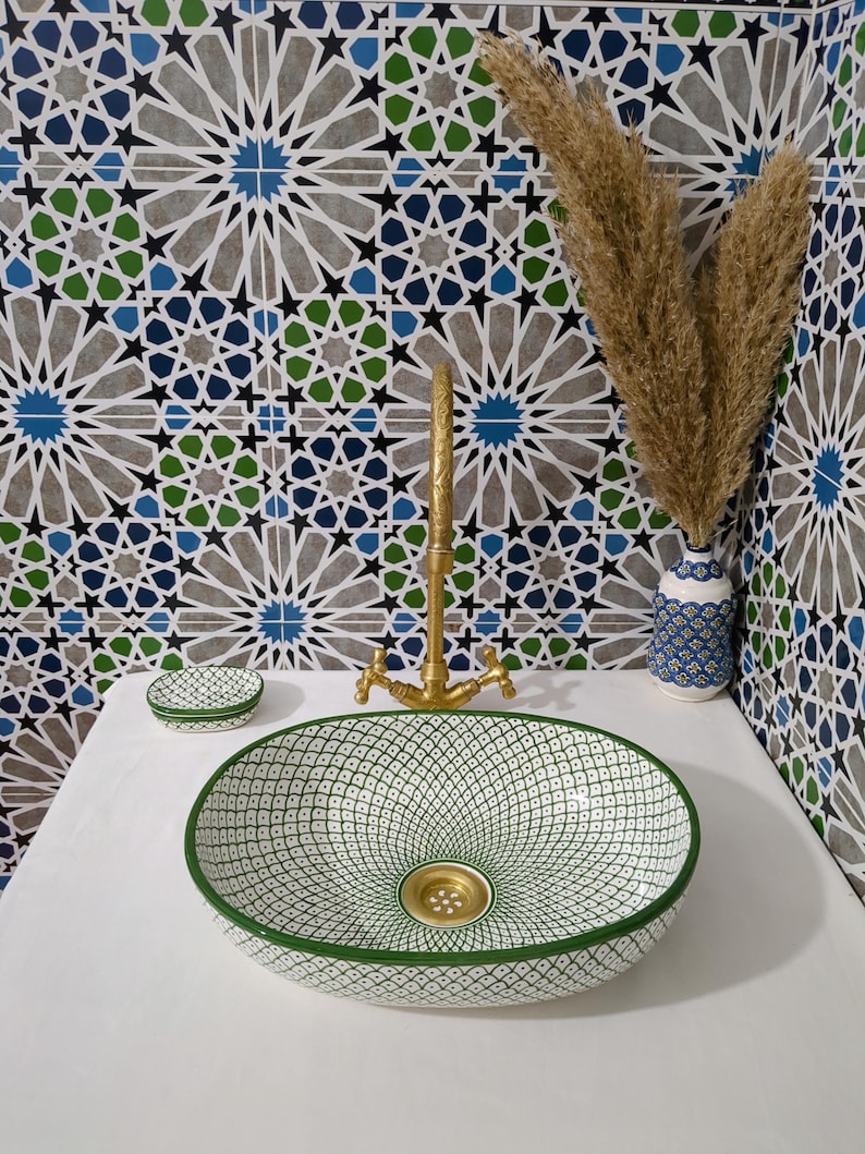 Moroccan Ceramic Basin Sink-Artisan Handcrafted Moroccan Pattern-Green Oval Ceramic Basin Sink-Artisan Design-Handcrafted Bathroom Decor image 2