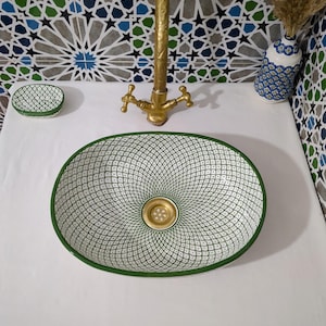 Moroccan Ceramic Basin Sink-Artisan Handcrafted Moroccan Pattern-Green Oval Ceramic Basin Sink-Artisan Design-Handcrafted Bathroom Decor image 5