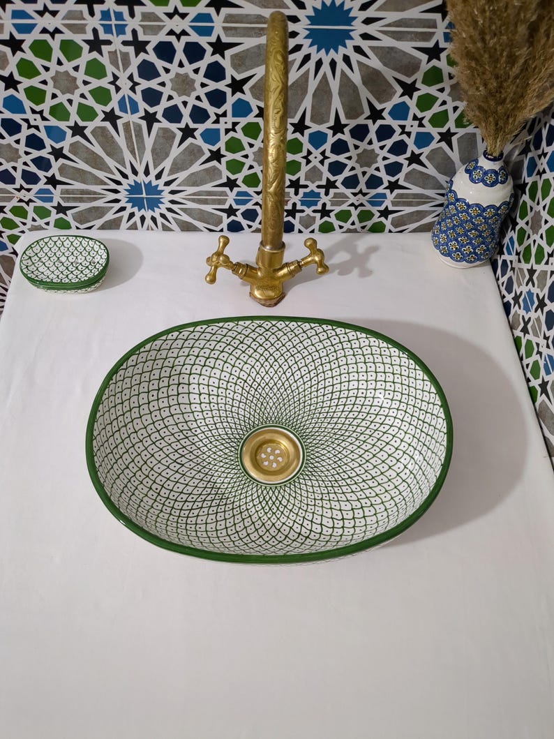 Moroccan Ceramic Basin Sink-Artisan Handcrafted Moroccan Pattern-Green Oval Ceramic Basin Sink-Artisan Design-Handcrafted Bathroom Decor image 5