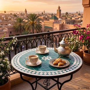 Peut inclure: Une table ronde au plateau en carrelage géométrique vert et blanc supporte une théière en argent, deux tasses assorties sur soucoupes et une petite assiette de pâtisseries. La table a un cadre en métal noir et donne sur une ville.