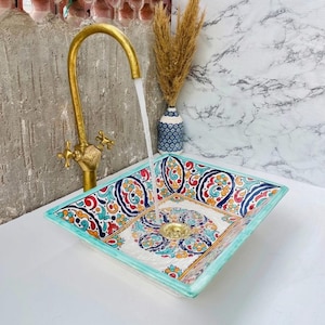 Moroccan Turquoise Multicolor Ceramic Rectangular Sink, Rectangular Sink, Moroccan Ceramic Sink, Rectangular Vessel Sink, Ceramic Basin Sink