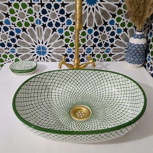 Moroccan Ceramic Basin Sink-Artisan Handcrafted Moroccan Pattern-Green Oval Ceramic Basin Sink-Artisan Design-Handcrafted Bathroom Decor image 8