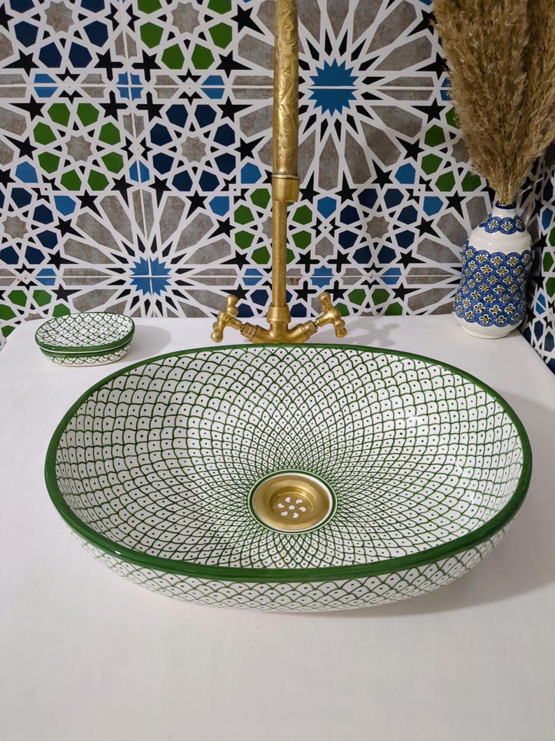 Moroccan Ceramic Basin Sink-Artisan Handcrafted Moroccan Pattern-Green Oval Ceramic Basin Sink-Artisan Design-Handcrafted Bathroom Decor image 8