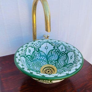Decorative Handcrafted Ceramic Sink-Hand-Painted Ceramic Sink,Green Pattern Vessel Sink,Moroccan Design Basin,Artisan Bathroom Vanity Bowl