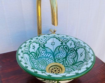 Decorative Handcrafted Ceramic Sink-Hand-Painted Ceramic Sink,Green Pattern Vessel Sink,Moroccan Design Basin,Artisan Bathroom Vanity Bowl