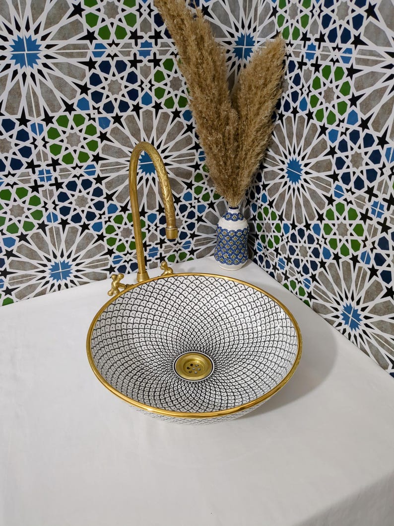 Lavabo in ceramica marocchina - Lavabo da bagno - Lavabo in ceramica con bordo in rame - Lavandino in ceramica - Lavandino da bagno dipinto a mano - Lavandino in ceramica artigianale immagine 11
