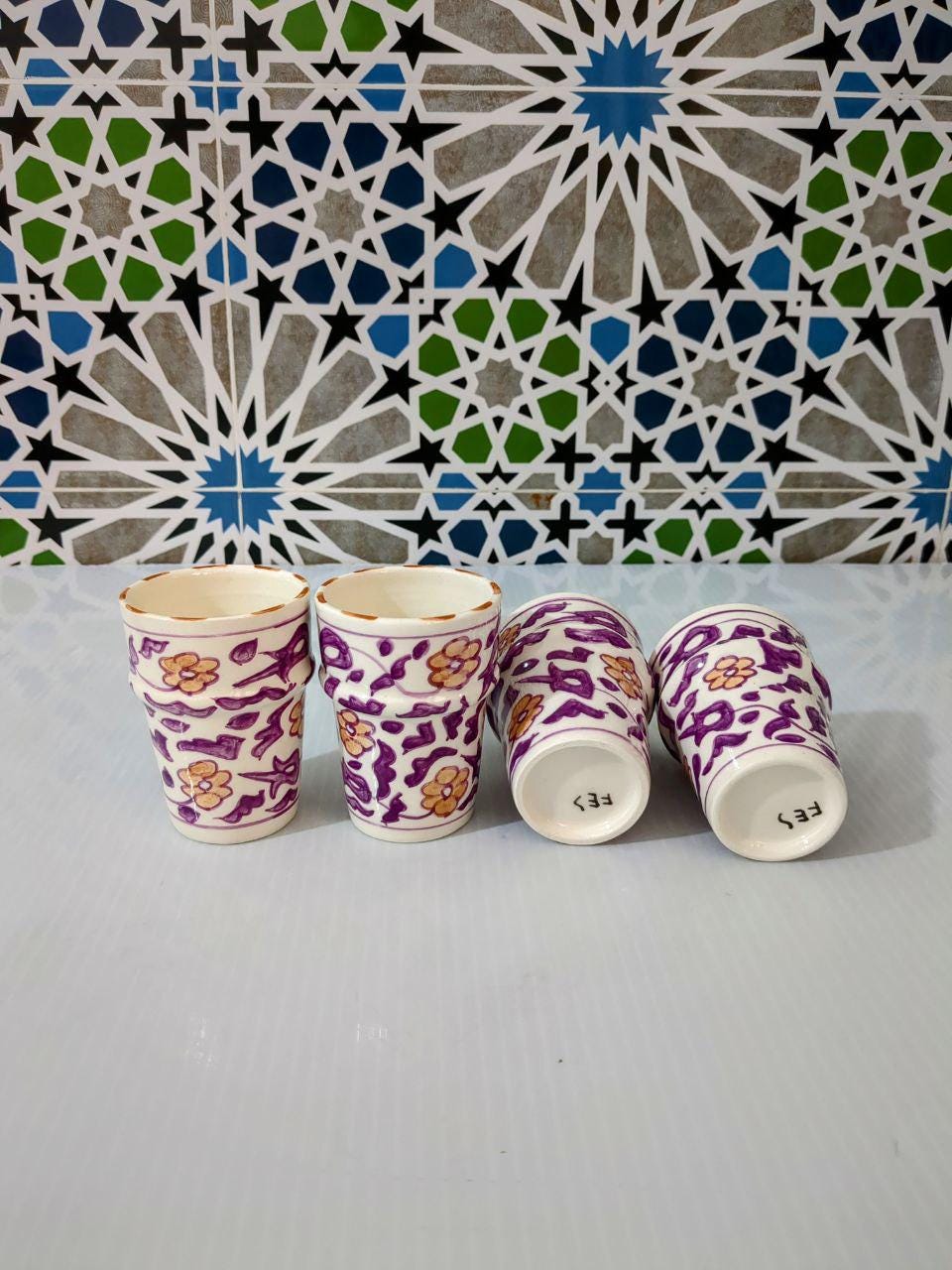 Set of Moroccan Tea Cups-Handmade Ceramic Cups with Purple Floral Pattern-Moroccan Ceramic Goblets-Handmade pottery-Kitchen accessories