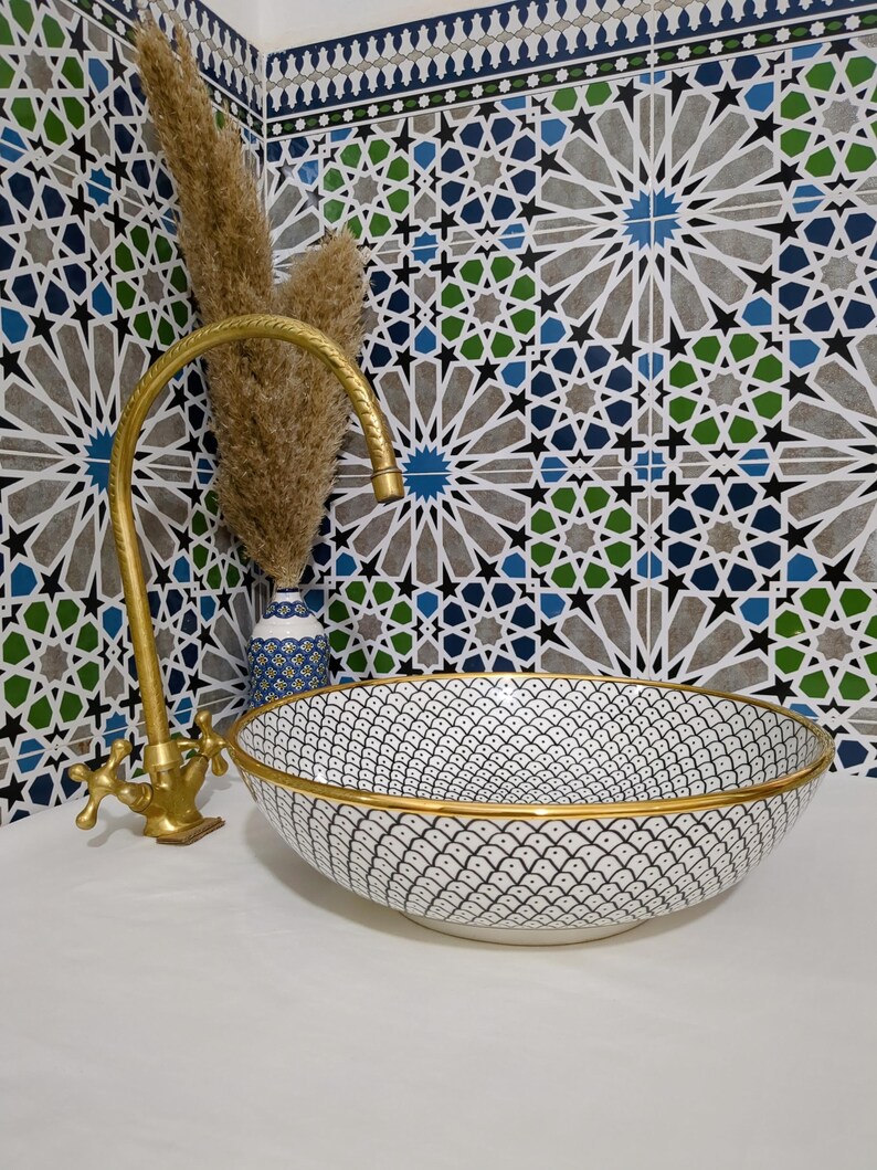 Lavabo in ceramica marocchina - Lavabo da bagno - Lavabo in ceramica con bordo in rame - Lavandino in ceramica - Lavandino da bagno dipinto a mano - Lavandino in ceramica artigianale immagine 15