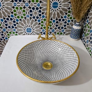 Lavabo in ceramica marocchina - Lavabo da bagno - Lavabo in ceramica con bordo in rame - Lavandino in ceramica - Lavandino da bagno dipinto a mano - Lavandino in ceramica artigianale immagine 4