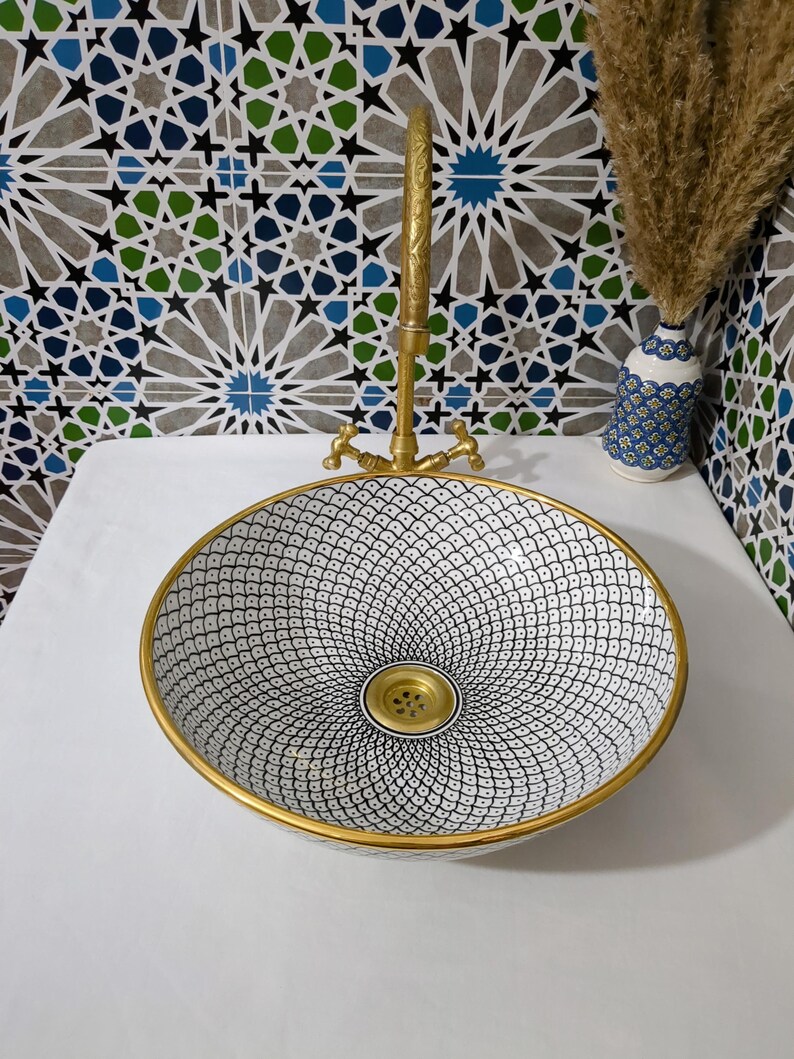 Lavabo in ceramica marocchina - Lavabo da bagno - Lavabo in ceramica con bordo in rame - Lavandino in ceramica - Lavandino da bagno dipinto a mano - Lavandino in ceramica artigianale immagine 4