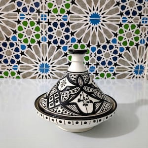 Unique Handmade Tagine: Decorative Ceramic Cookware from Morocco-Moroccan pottery-Traditional Moroccan cookware-Black and white ceramics