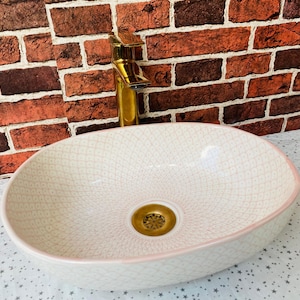 Lavabo ovalado de cerámica hecho a mano, lavabo rosa, decoración de baño moderna, lavabo único, lavabo artesanal, lavabo ovalado de cerámica para baño, regalo gratis