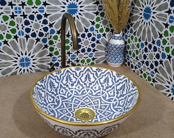 Copper Rim Ceramic Wash basin-Moroccan Ceramic Basin-Bathroom Wash Basin-Ceramic Sink-Hand Painted Bathroom Sink-Handcrafted Pottery Basin