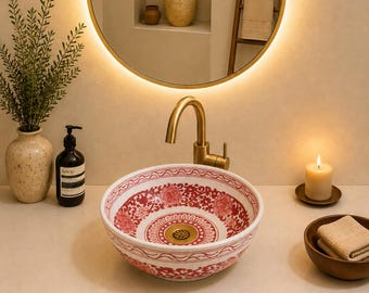 Ceramic wash basin-Moroccan Ceramic Sink-Ceramic sink for bathroom-Hand-Oval Vanity Basin-Artisan Bathroom Vessel-Decorative Clay Bowl-Gift