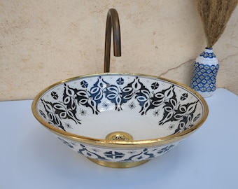 Moroccan Ceramic Vessel Sink With Brass Rim-Moroccan Ceramic Sink-Bathroom Wash Basin - Hand-Painted Black White Bathroom Basin-Ceramic Sink