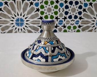Marokkaanse keramische tajine – blauwe en zilveren handgeschilderde keramische tajine – handgemaakte tajine – Marokkaanse tajine – Marokkaans decor – gratis cadeau inbegrepen