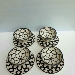 Handmade Moroccan Ceramic Bowl And Plate Set-Geometric Black And White Design-Handmade pottery-Ceramic bowl set-Geometric dishes-ScayFez