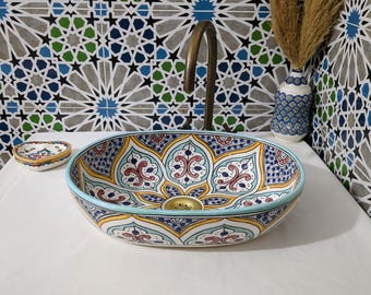 Handcrafted Moroccan Ceramic Sink - Colorful Oval Basin - Artisan Bathroom Decor - Durable Vessel Sink - Moroccan Boho Style Basin-Free gift