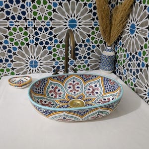 Handcrafted Moroccan Ceramic Sink - Colorful Oval Basin - Artisan Bathroom Decor - Durable Vessel Sink - Moroccan Boho Style Basin-Free gift