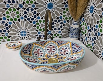 Handcrafted Moroccan Ceramic Sink - Colorful Oval Basin - Artisan Bathroom Decor - Durable Vessel Sink - Moroccan Boho Style Basin-Free gift