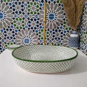 Moroccan Ceramic Basin Sink-Artisan Handcrafted Moroccan Pattern-Green Oval Ceramic Basin Sink-Artisan Design-Handcrafted Bathroom Decor image 9