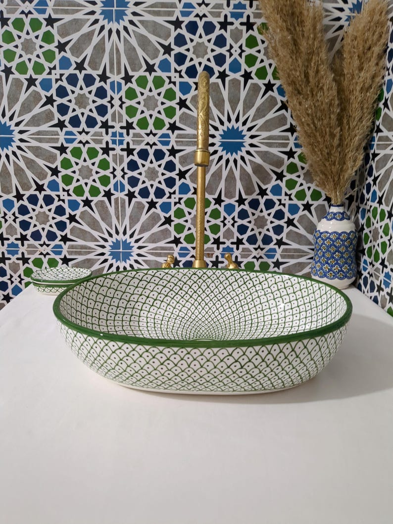 Moroccan Ceramic Basin Sink-Artisan Handcrafted Moroccan Pattern-Green Oval Ceramic Basin Sink-Artisan Design-Handcrafted Bathroom Decor image 9