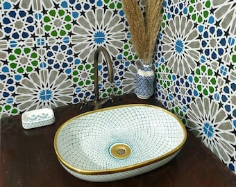 Lavabo in ceramica marocchino - Lavabo ovale - Lavabo in ceramica marocchino - Lavabo in ceramica con bordo in rame - Decorazione per il bagno realizzata a mano - Regalo in omaggio
